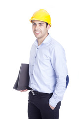 Portrait of a handsome engineer holding a folder, isolated on wh