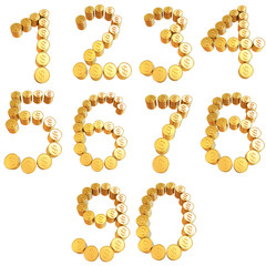 Numbers of gold coins with dollar sign