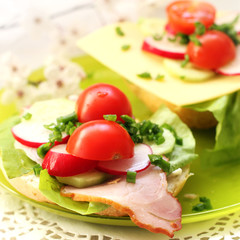 spring healthy sandwich with vegetable and smoked ham