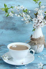 blossom apple tree in vase on blue background