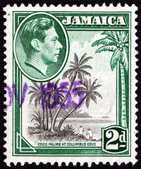 Obraz premium Postage stamp Jamaica 1938 Coco Palms at Columbus Cove