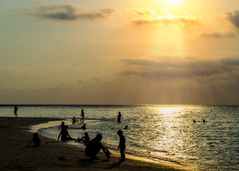 Fototapeta premium silhouetted group of people on the beach and in the sea