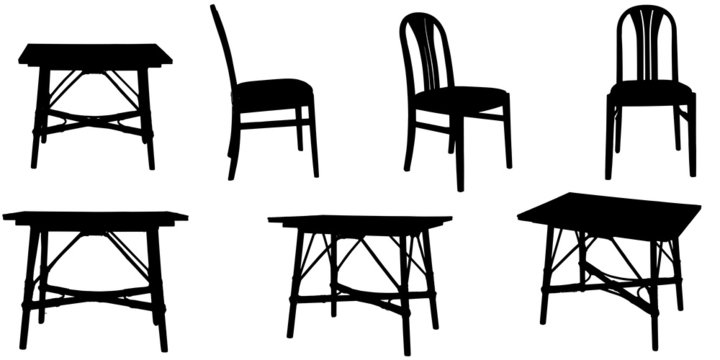 Vector silhouettes of chairs and a table.