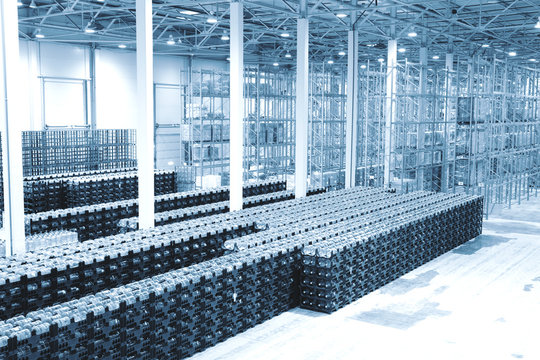 Finished goods warehouse at plant on production of mineral water