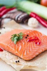 Raw fillets of red fish, salmon, cooking healthy diet dishes