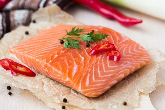 Raw fillets of red fish, salmon, cooking healthy diet dishes