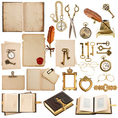 antique clock, key, papers, books, frames - obrazy, fototapety, plakaty