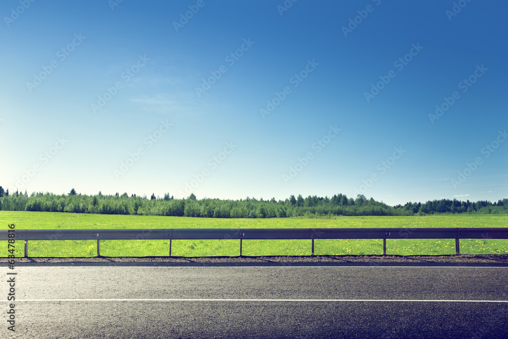 Poster road and field of spring grass