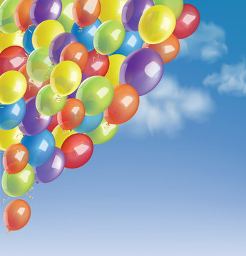 Baloons in a blue sky with clouds. Vector illustration