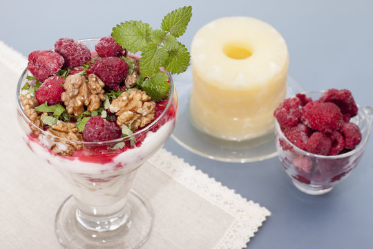 Parfait With Pineapple And Raspberries.