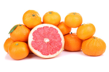 Ripe sweet tangerines and grapefruit, isolated on white
