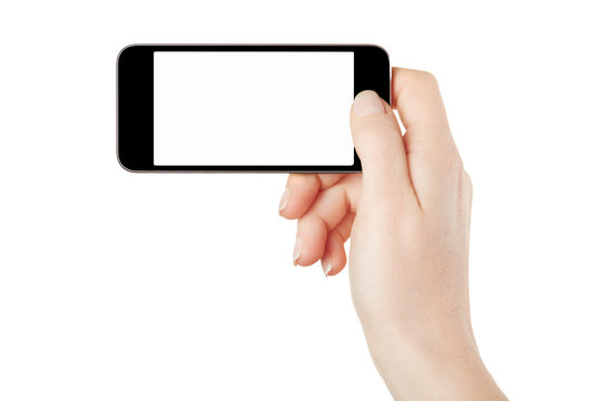 Smartphone in female hand taking picture on white, clipping path