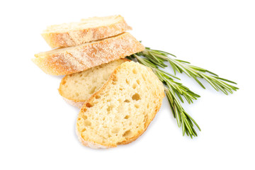 Fresh bread and rosemary isolated on white