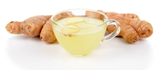 Healthy ginger tea with lemon and honey isolated on white