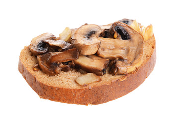 Delicious bruschetta with mushrooms isolated on white