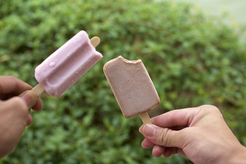 icecream stick in hand on green background