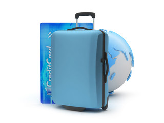 Suitcase, credit card and earth globe