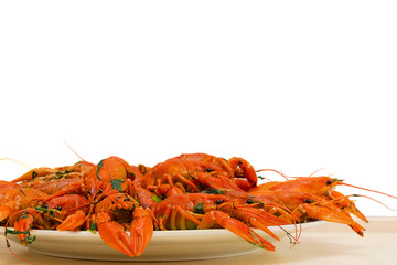 Boiled crayfish on the plate