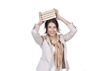 Girl student holding a pile of books on my head