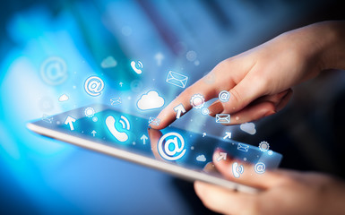 Hand touching tablet pc, social media concept