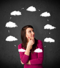 Young woman thinking with cloud circulation around her head