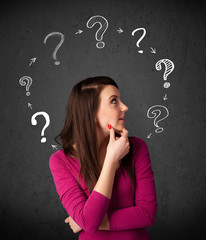 Young woman thinking with question mark circulation around her h