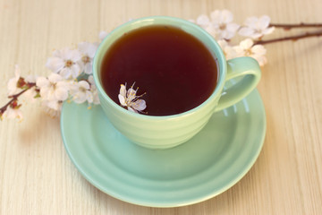 Cup of tea with blooming cherry twig