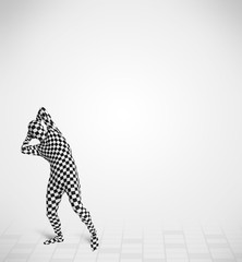Fototapeta premium Funny guy in morphsuit body suit looking at copy space