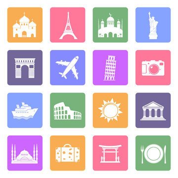 Travel & landmarks icons set, flat design vector
