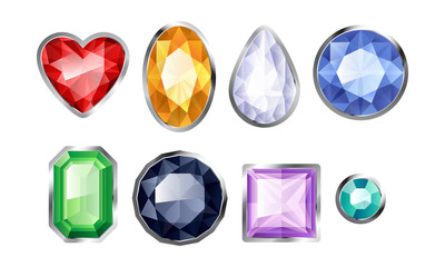 Set of realistic jewels. Colorful gemstones in silver framing.