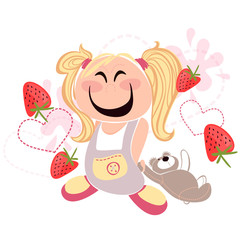 cute girl with bear on the yogurt and strawberry background