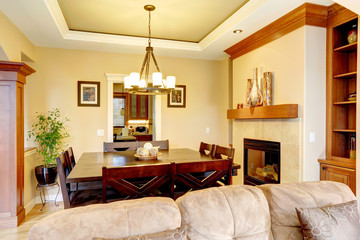 Luxury dining room with fireplace
