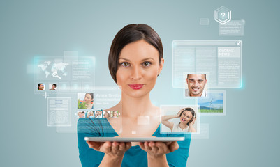 Young pretty woman using social media on her tablet computer