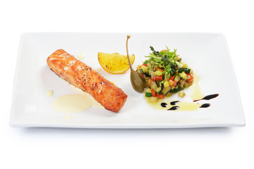 Salmon fillet with vegetable ratatouille isolated