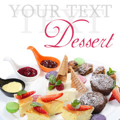 Plate of different desserts isolated