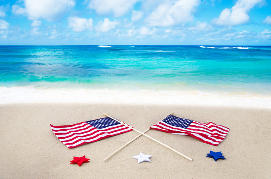 American flags on the beach
