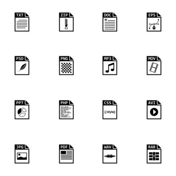 Vector black file type icons set