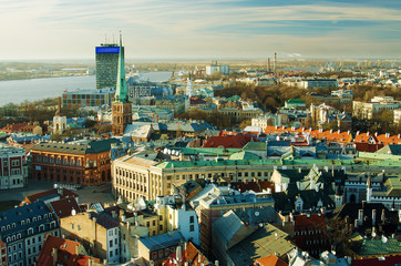 Riga (Latvia)  in the evening.  The view from St.Peter's Church