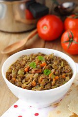 Vegan dinner - green lentils with vegetables