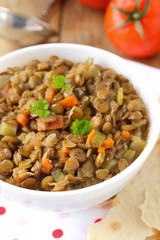 Vegan dinner - green lentils with vegetables