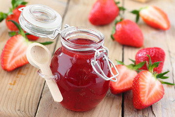 Fresh strawberry jam in glass jar