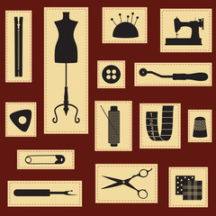 Vintage sewing and tailoring icons vector set