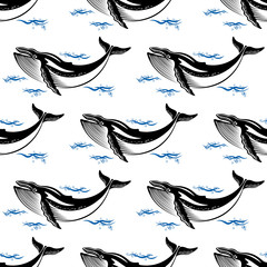 Swimming whale seamless pattern