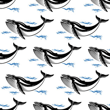 Swimming whale seamless pattern