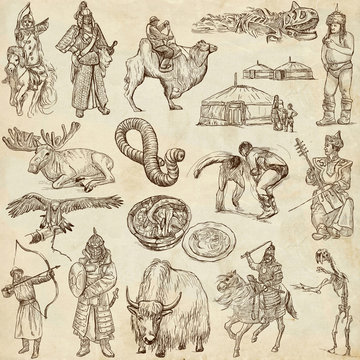 Mongolia - full sized hand drawn illustrations, collection