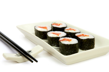 The plate of japanese rolls on white background