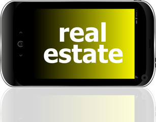 digital smartphone with real estate words, business concept