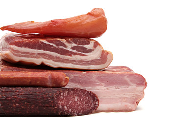 Various smoked meat products, sausage, bacon isolated white