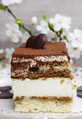 Tiramisu cake on white plate. Blossom apple