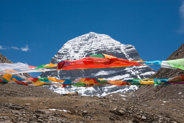 Prayer flags, with holy Mt. Kailash in background, Tibet